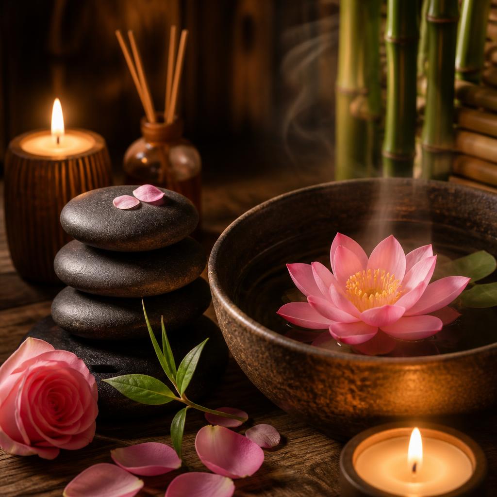 Zen stones, candles and lotus flowers